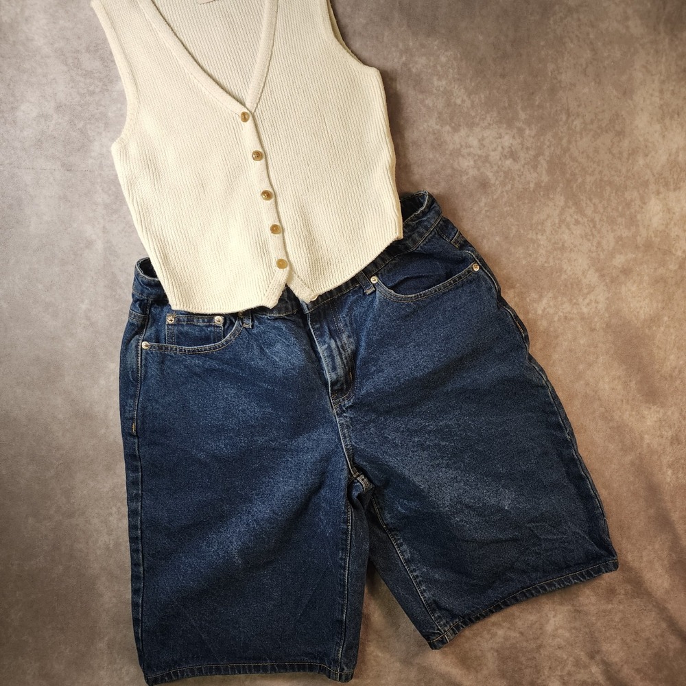 Edikted Women Large Blue Denim Jorts High Waisted Baggy Longline Shorts Cotton